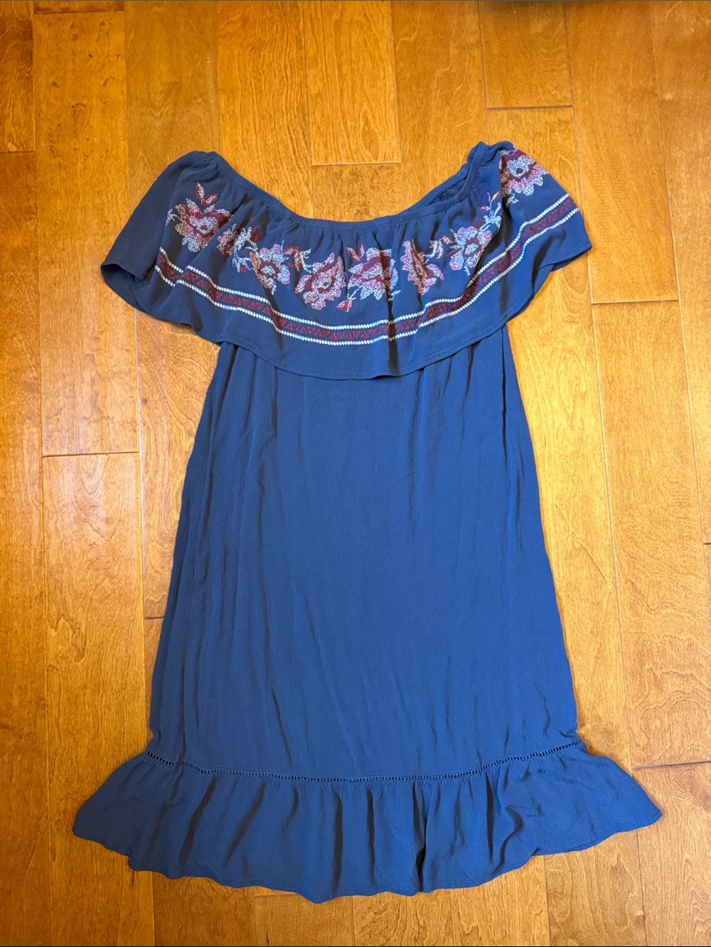 Knox Rose Navy Embroidered Off Shoulder Ruffle Dress L Boho/Western